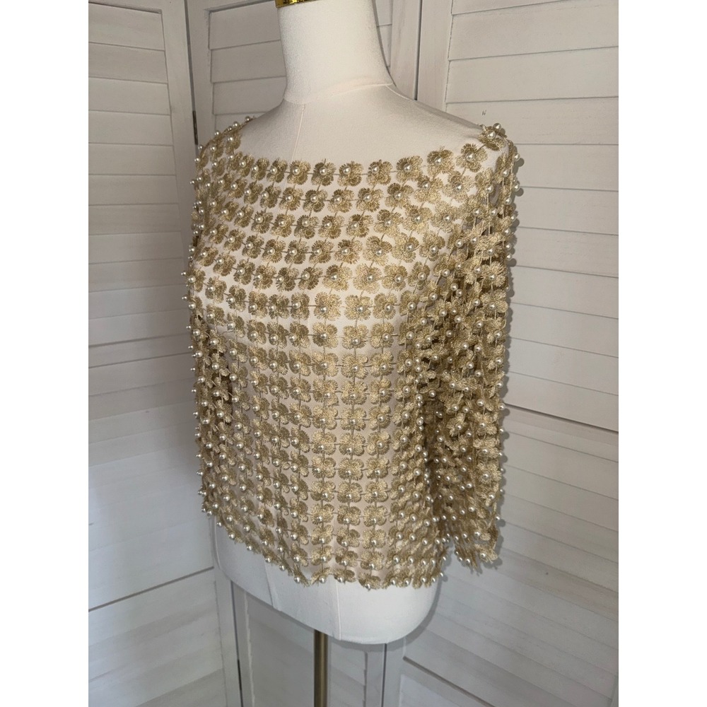 Vintage 1960's Hand-Beaded Faux Pearl and Gold Metallic Floral Top Size M/L - Picture 4 of 6